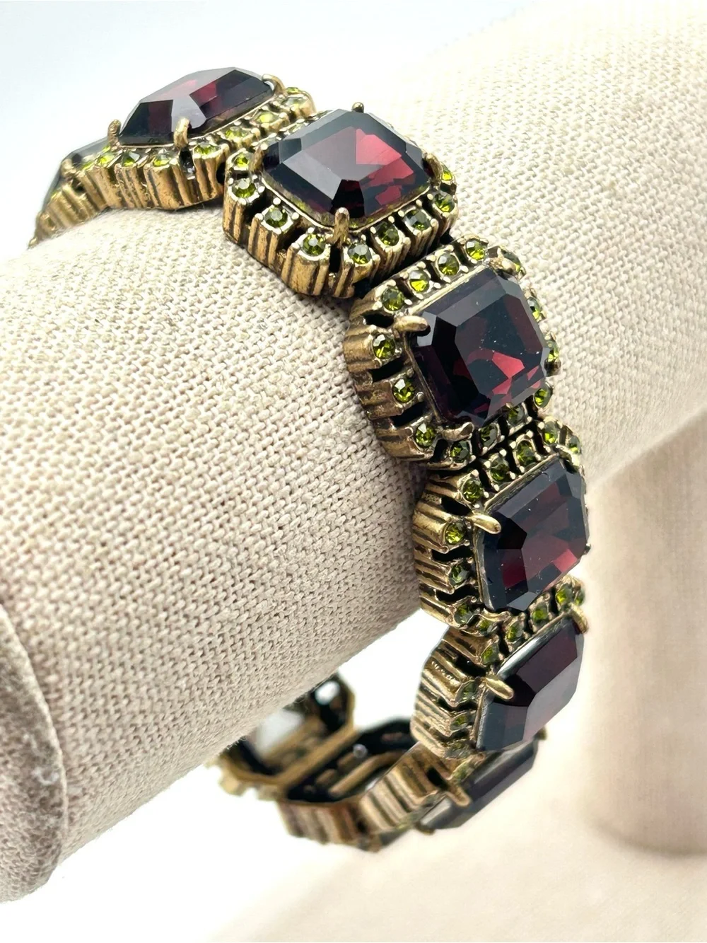 J. Crew Deep Red and Green Jeweled Links Stretch Bracelet